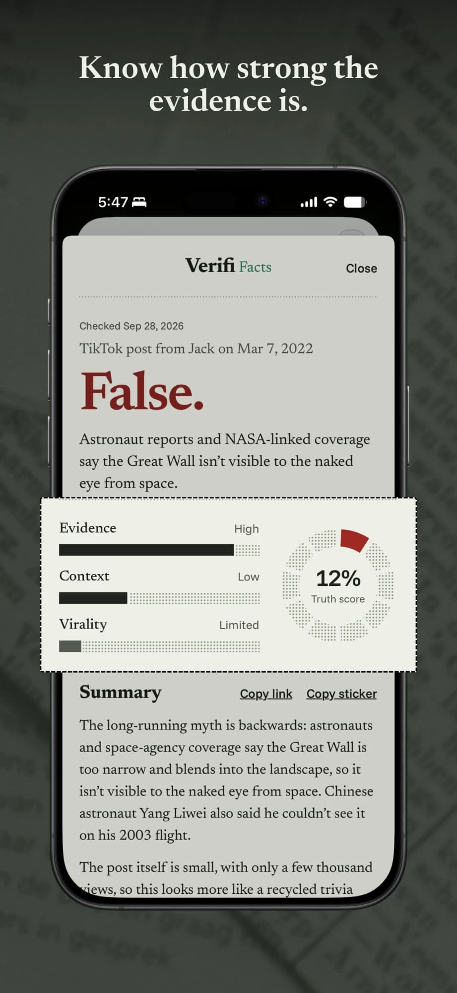 A Verifi result showing Evidence high, Context low and Virality limited, beside a Truth score of 12%, followed by a written summary.