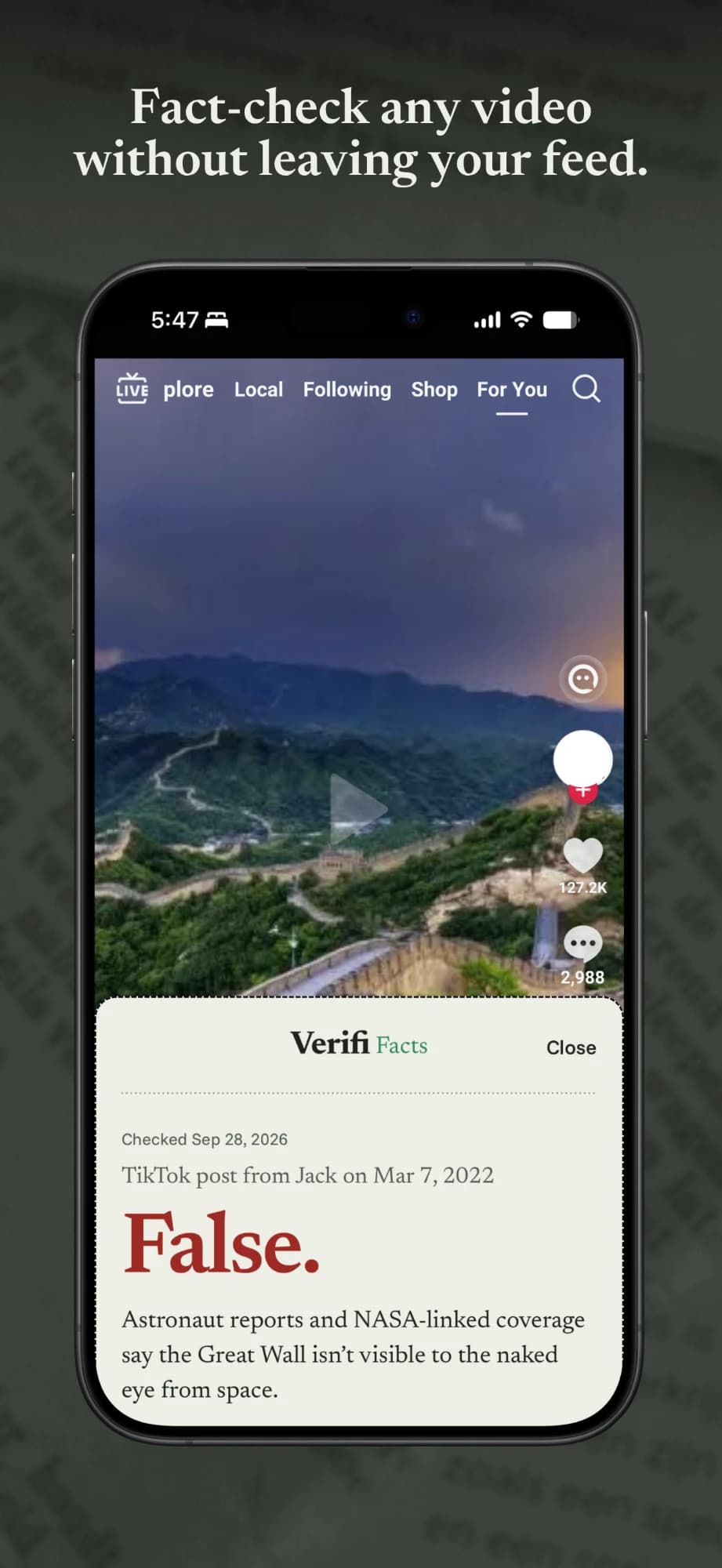 Verifi's result sheet open over a TikTok video of the Great Wall of China. The verdict reads “False.”: astronaut reports and NASA-linked coverage say the Great Wall isn't visible to the naked eye from space.