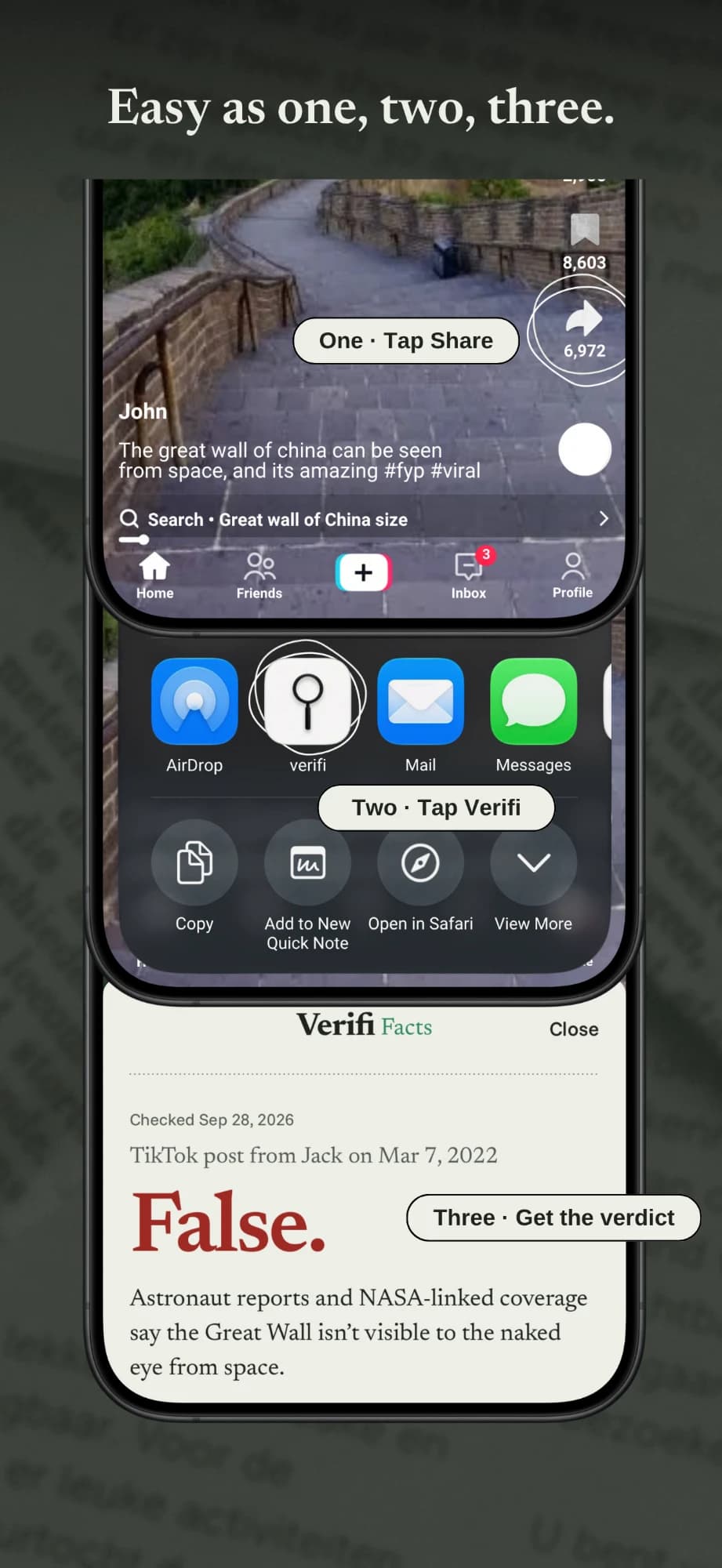 Three steps on a TikTok post: one, tap Share; two, tap Verifi in the share sheet; three, get the verdict, here “False.”